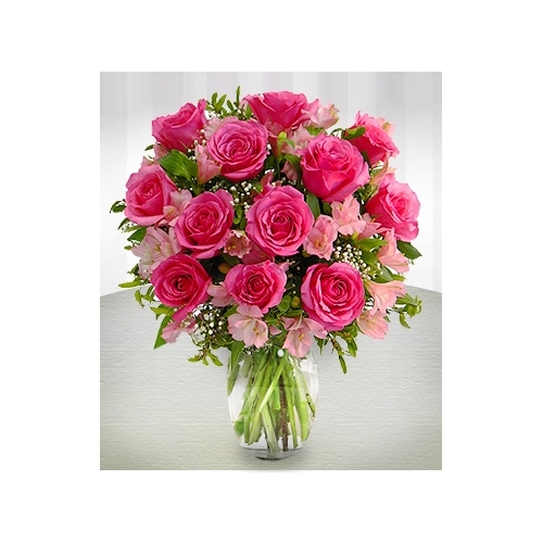 12 Pink Roses and Pink Gerberas in Vase